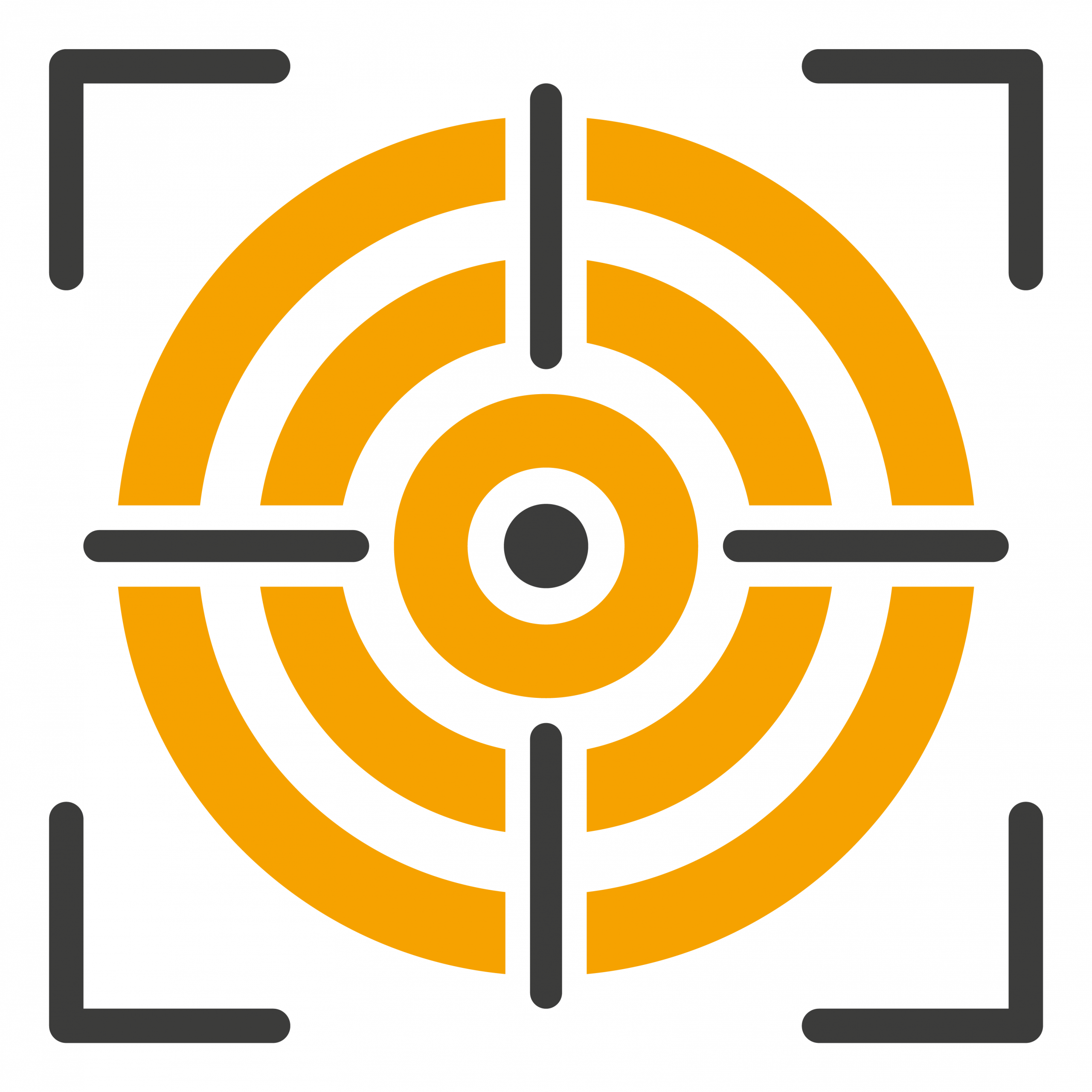 Orange and gray target symbol with concentric circles, representing warehouse management software, and four corner brackets on white background.