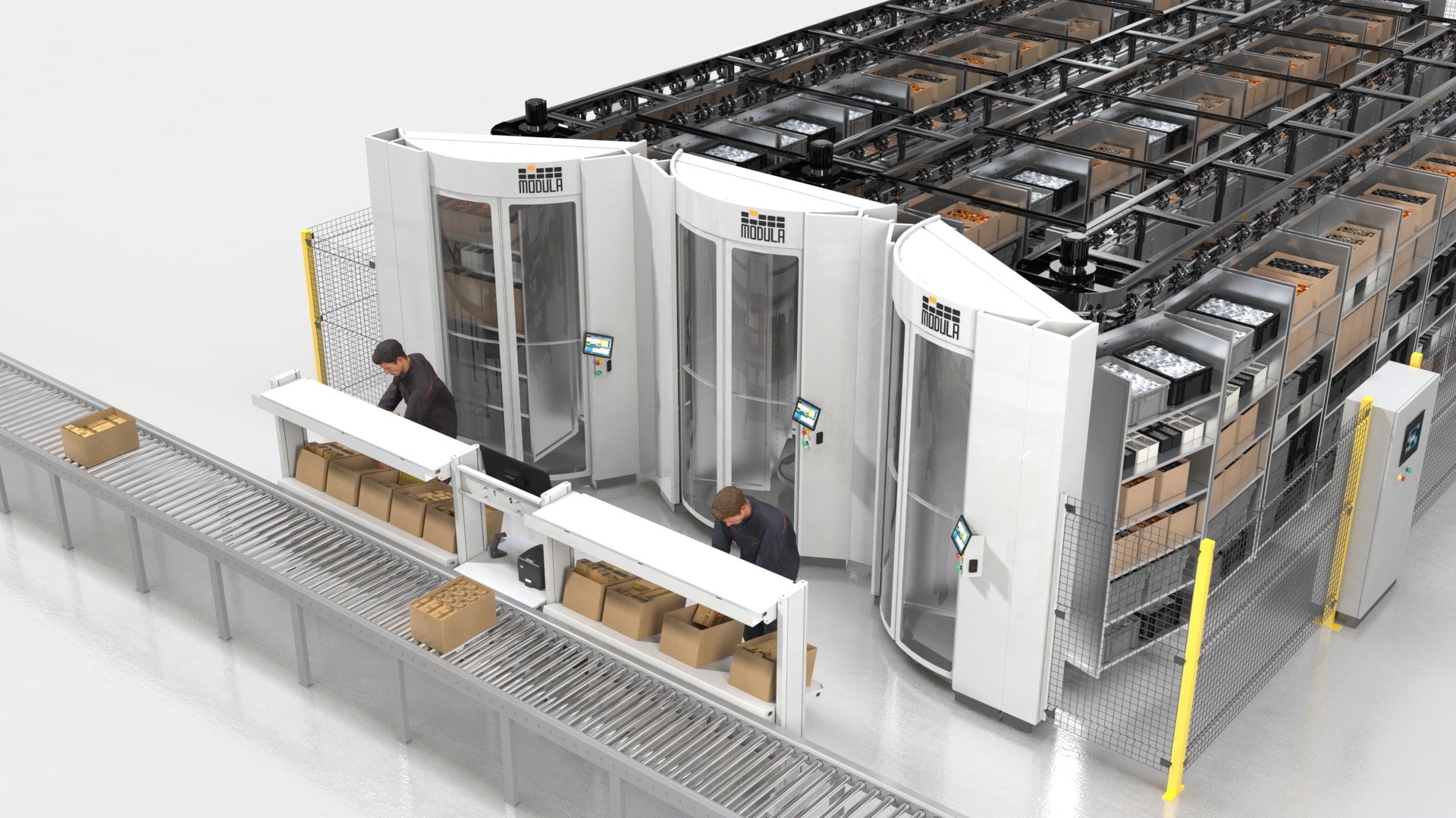 horizontal carousels with batch picking frontal view
