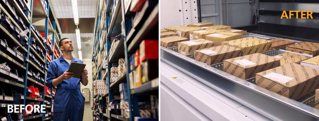 traditional static shelving vs. Modula Vertical Lift Module