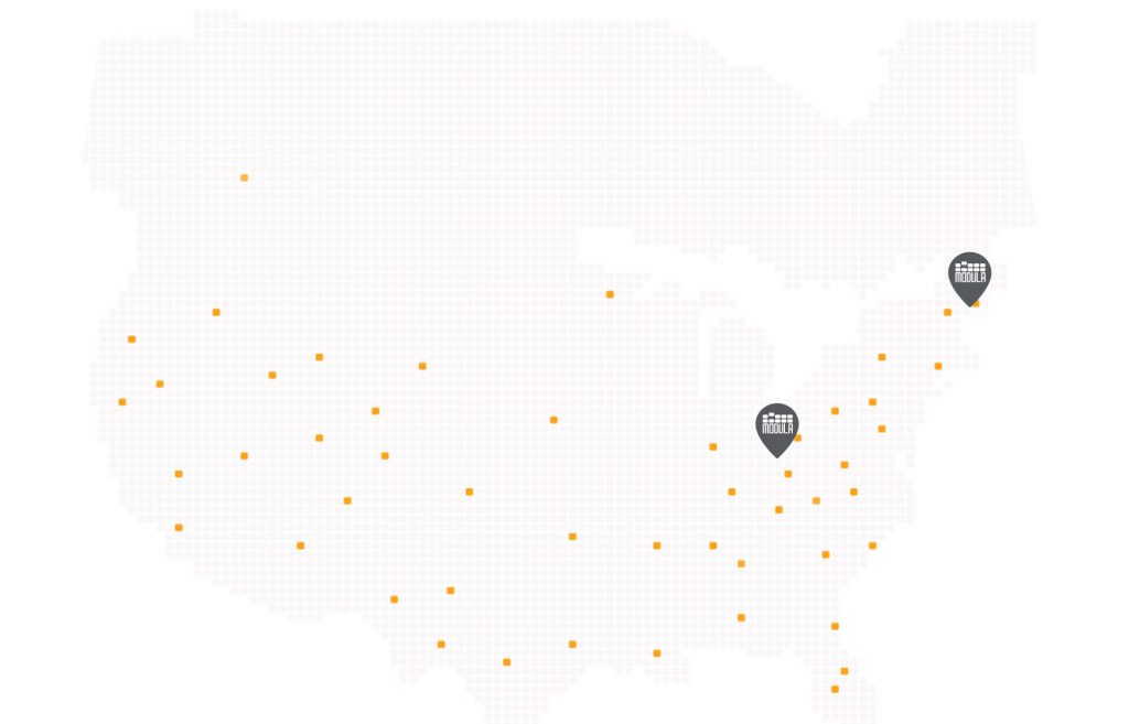 A map of the United States with Modula USA's orange dots and two gray location markers in the Midwest and Northeast regions.