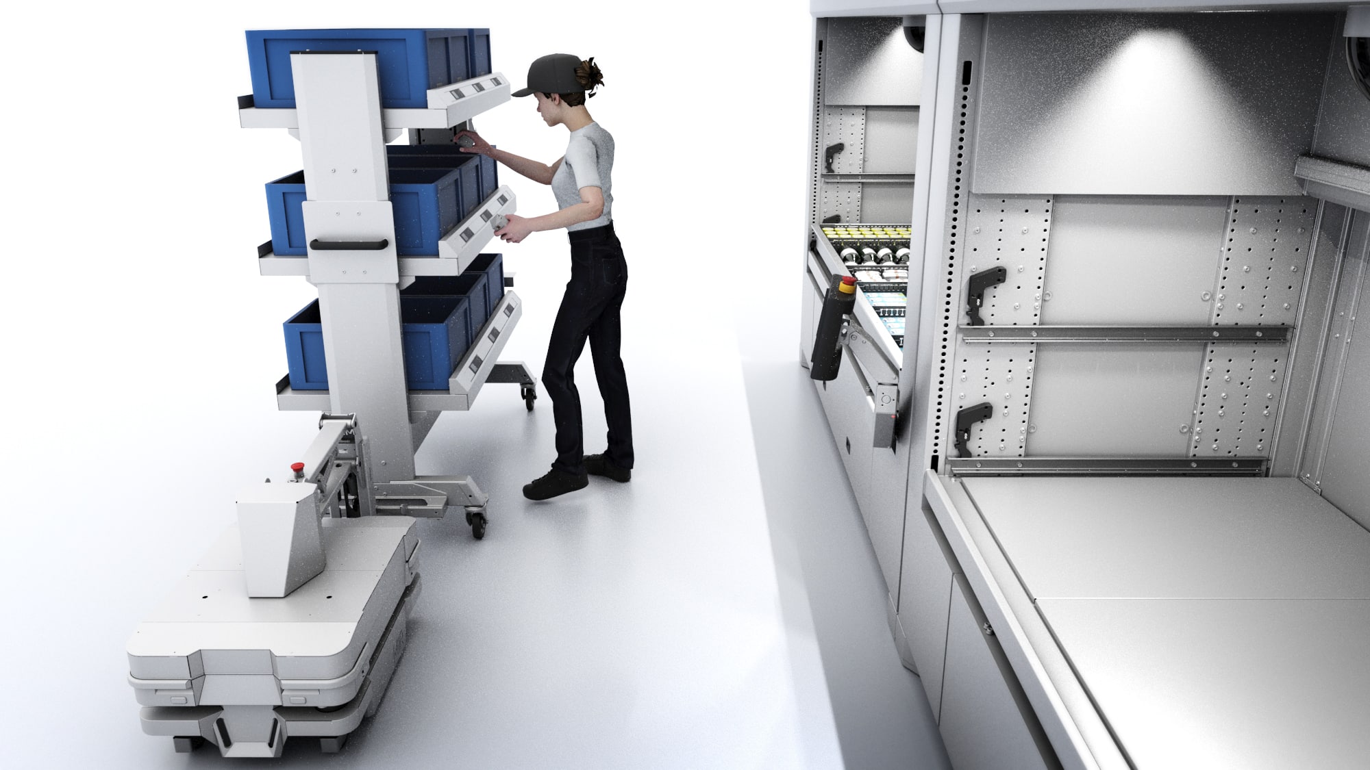 A person picking placing totes on a picking cart​