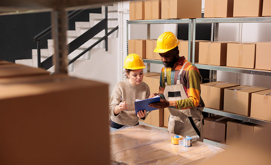 A warehouse manager helps an employee assess an inventory list​