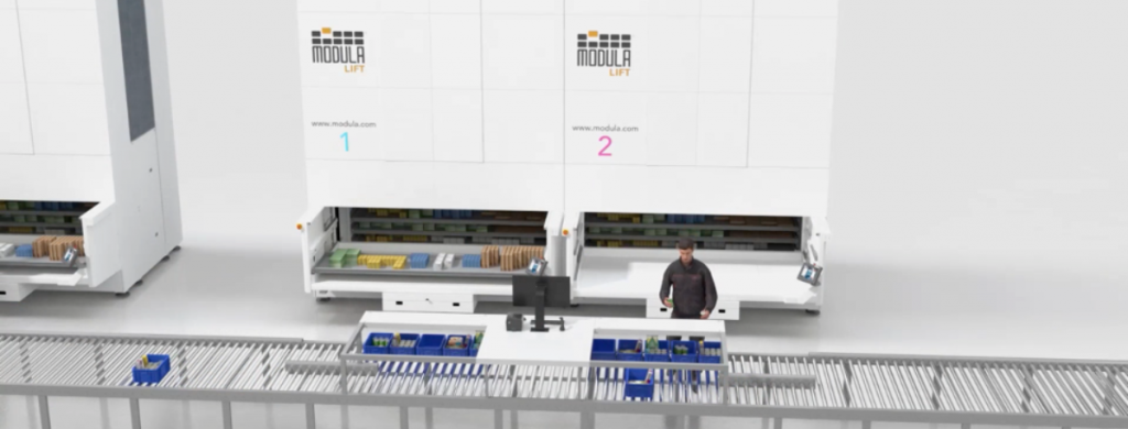 automated warehouse picking: employees picking goods from a conveyor belt​