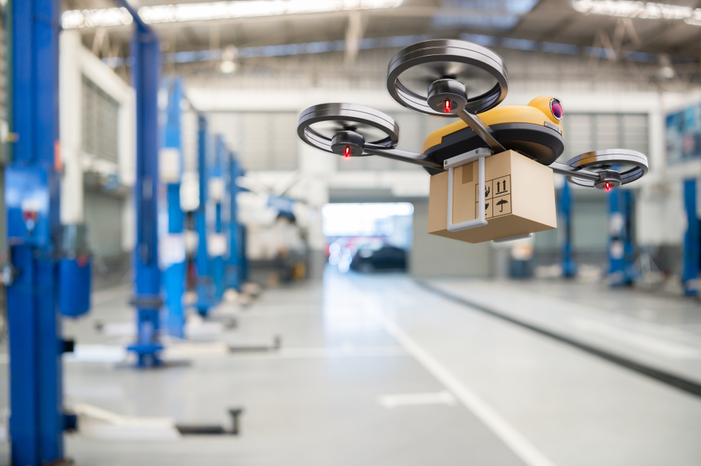 A warehouse drone retrieving a product