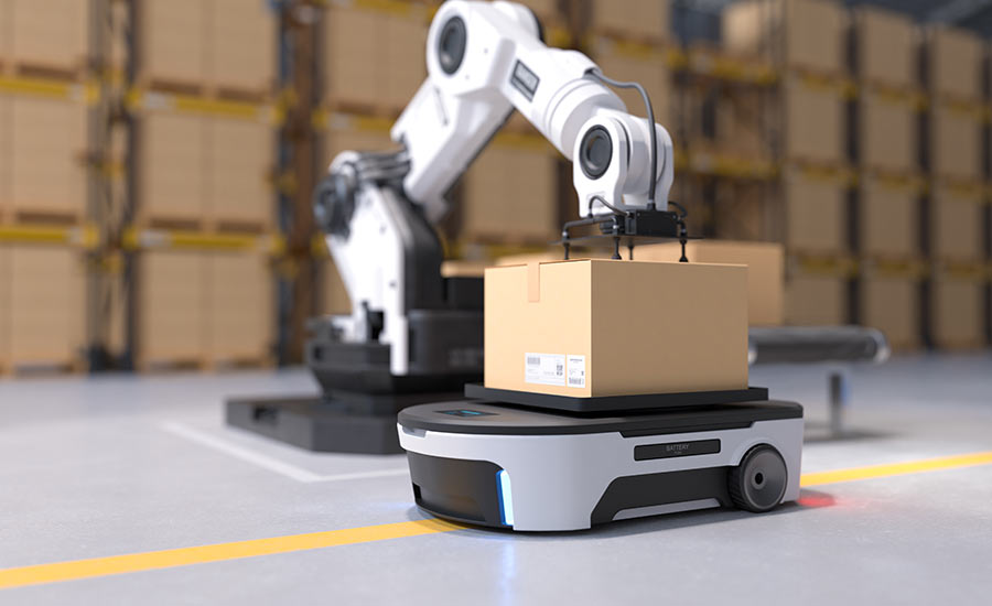 A robotic arm retrieving inventory