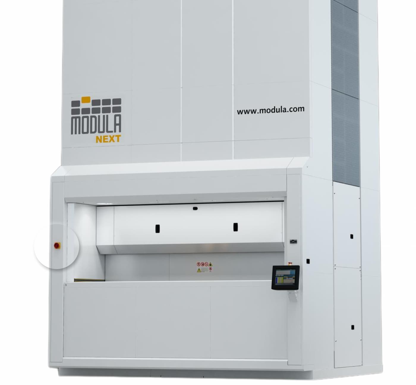 Tall, white Modula Next automated vertical storage system with control panel and partially open access window.