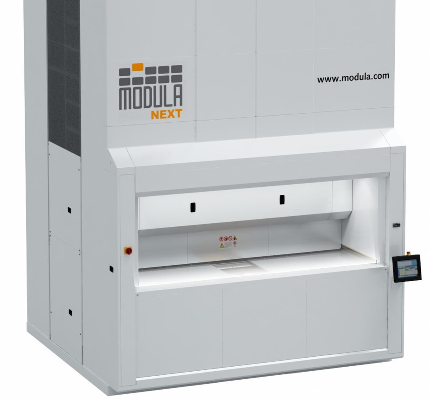 A Modula Next automated vertical storage system featuring a touchscreen control panel and open retrieval bay.