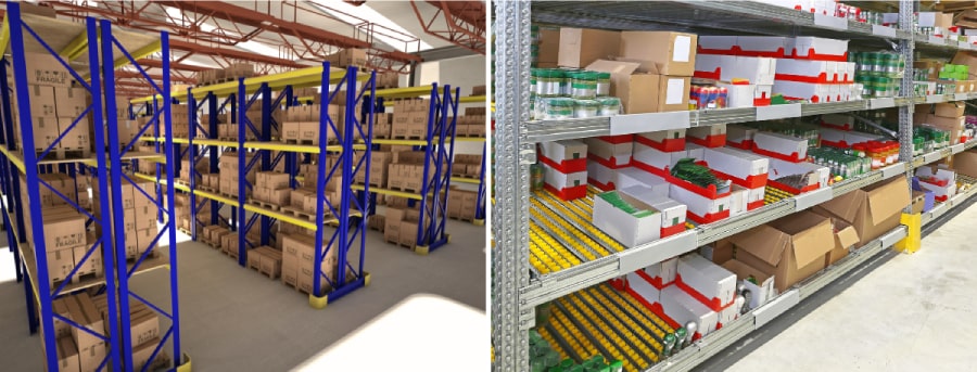 Double deep pallet rack and carton flow racking