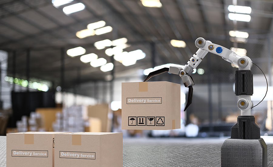 A warehouse robotic arm picking boxes​