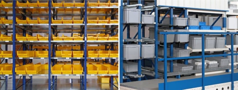 Yellow and gray totes and bins are stored on static shelving​