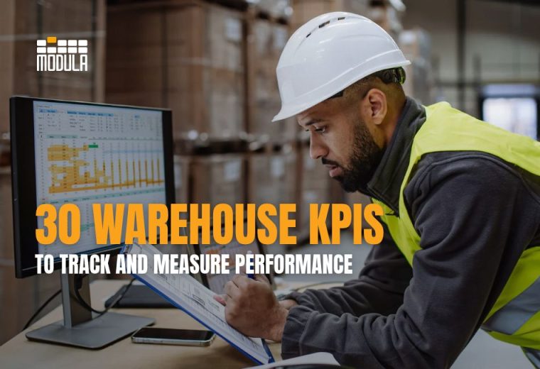 Warehouse manager reviewing performance data, with an overlay reading “30 Warehouse KPIs to Track and Measure Performance.”