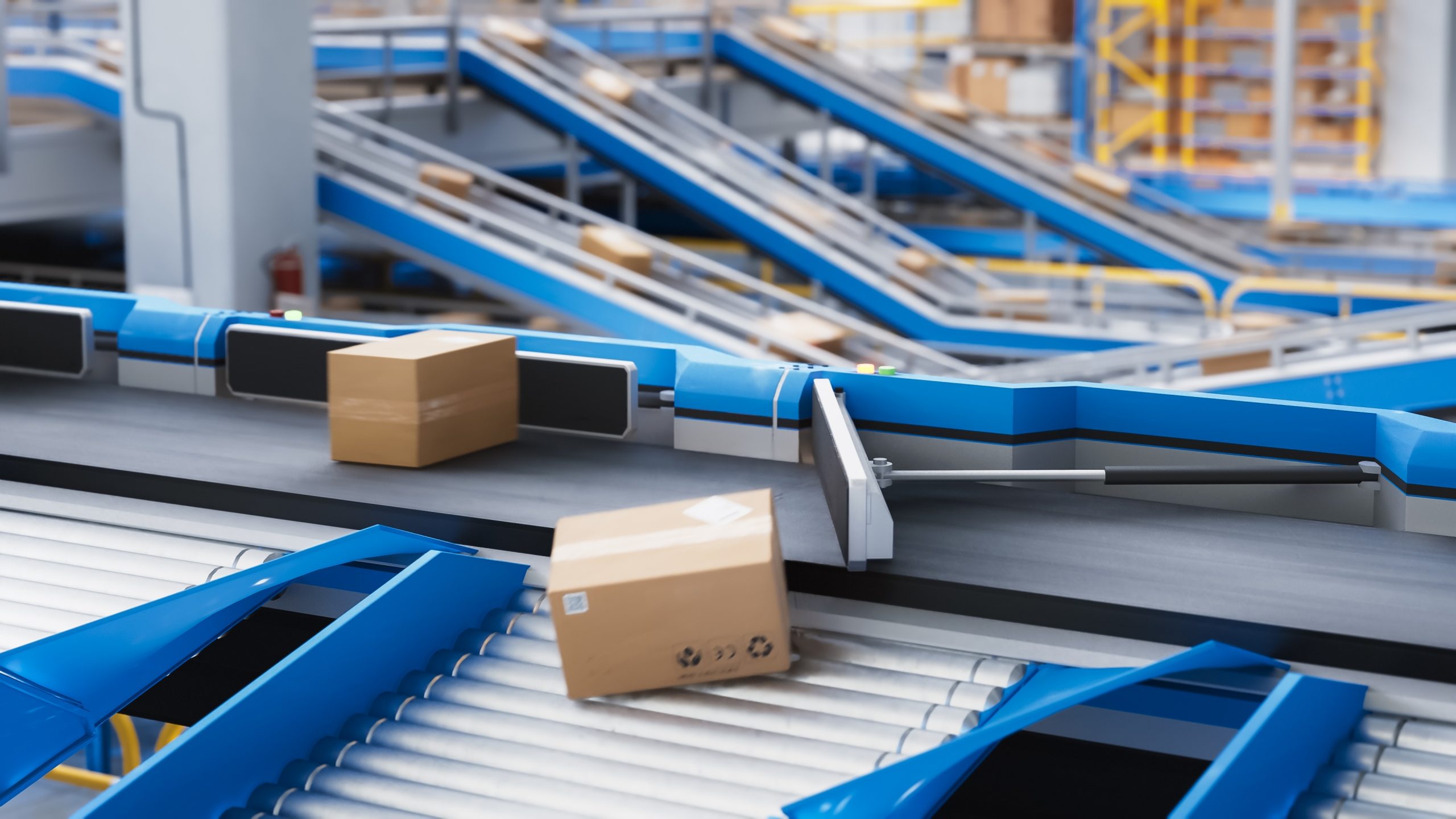 Automated conveyor belt with sorting mechanism in a logistics warehouse