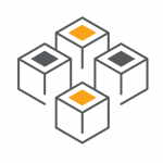 Three interconnected cubes, each containing a diamond shape; two are gray and one is orange.