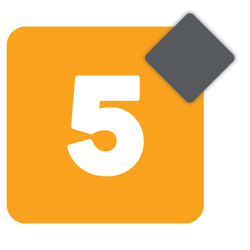 A large white number 5 on an orange square, highlighting automation in packaging with a gray diamond in the top right corner.