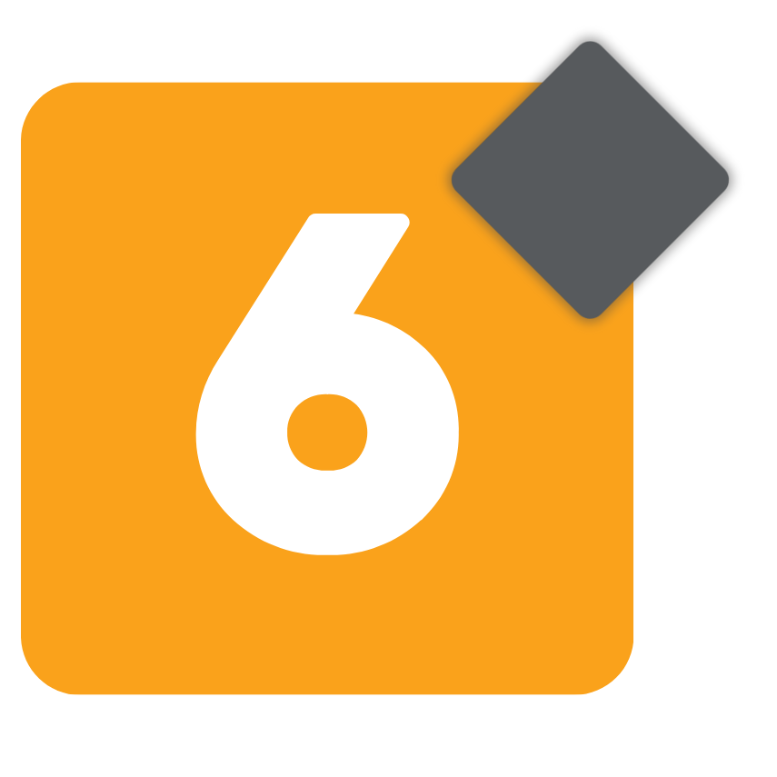 A white number 6 centered on an orange square with a gray diamond, symbolizing automation in packaging, overlapping the top right corner.