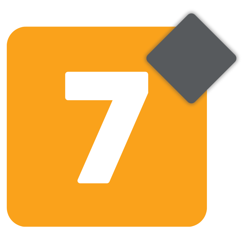 A large white number 7 on an orange square with a smaller grey diamond, symbolizing automation solutions packaging.