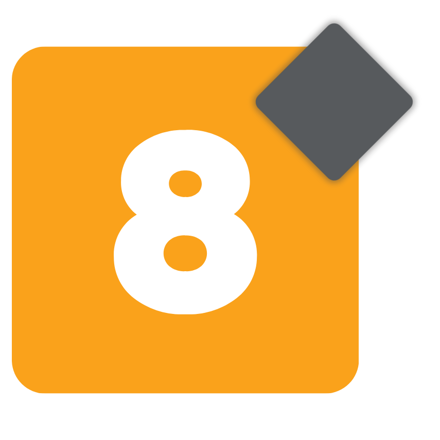 A white number 8 on an orange rounded square, featuring a tilted gray diamond—perfect for automation in packaging branding.