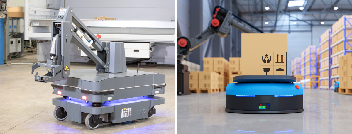 Automated Guided Vehicle and Autonomous Mobile Robot in an automated warehouse for eCommerce fulfillment.