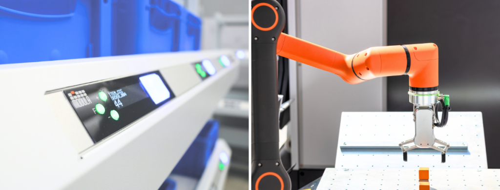 Put-to-Light system (left) and robotic piece-picking arm (right) — two technologies that combine accuracy and efficiency in ecommerce order fulfillment.