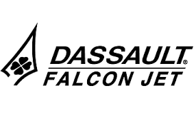 Dassault Falcon Jet logo with stylized aerospace emblem and bold black text on a white background.