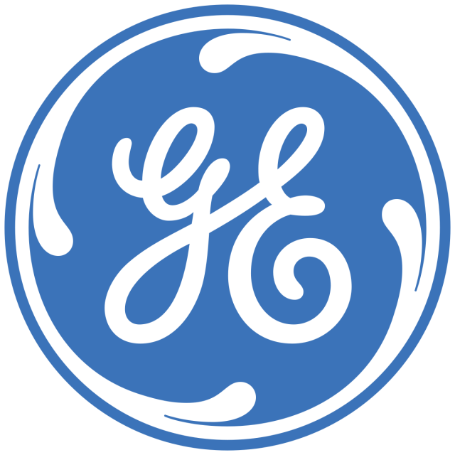 A blue circular logo with white cursive GE in the center, symbolizing General Electric’s impact on automation solutions in the manufacturing industry.