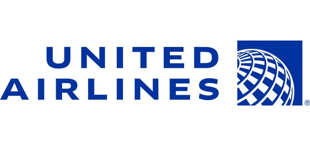 United Airlines logo with blue text, a globe design on the right, representing excellence in aerospace.