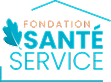 Fondation Santé Service logo with a blue leaf, house outline, and name in blue and orange—ideal for healthcare and pharmaceutical storage.
