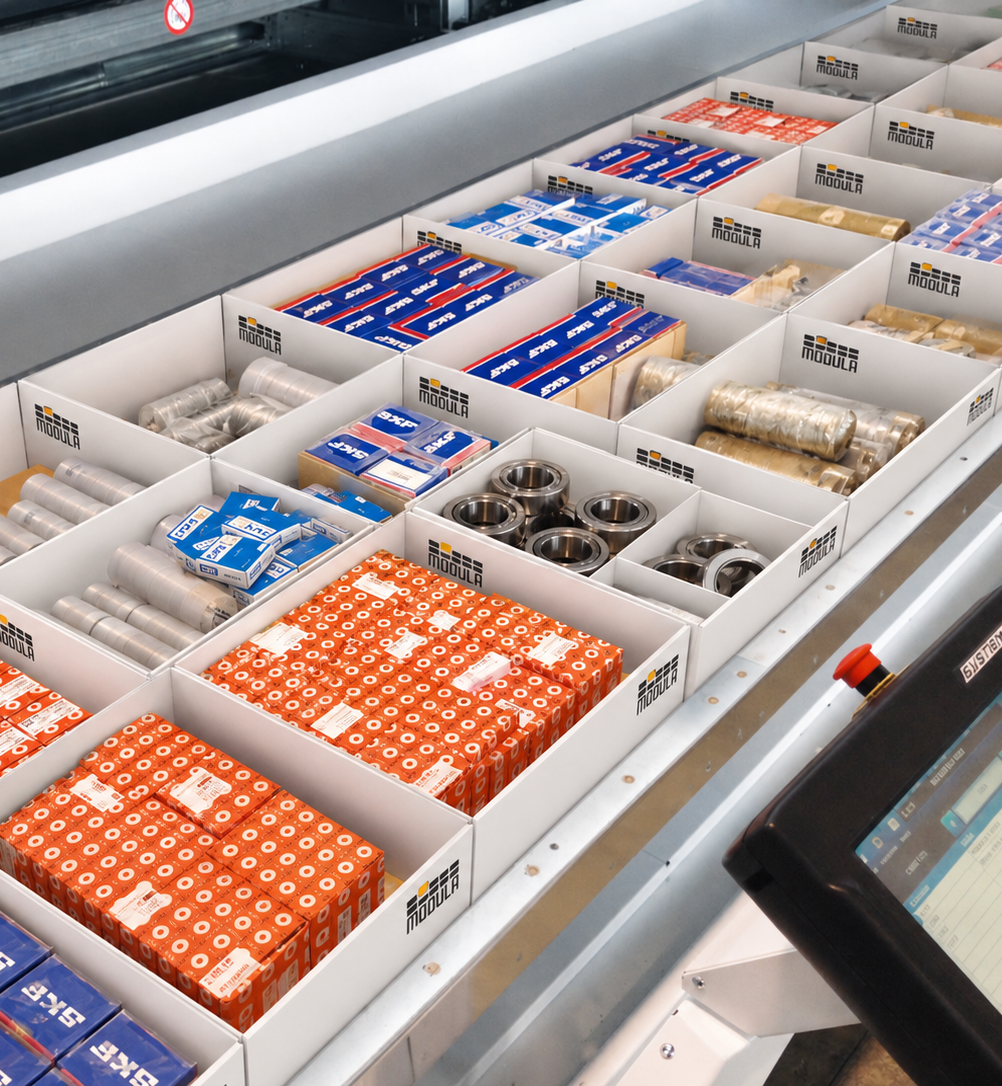Organized boxes of Modula spare parts and components are displayed in rows.