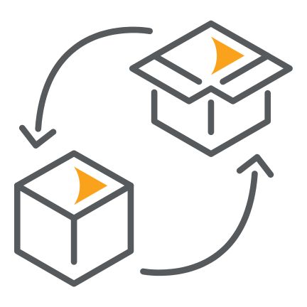 Two boxes with orange triangles and curved arrows, representing exchange, return, or turnaround time in a process.