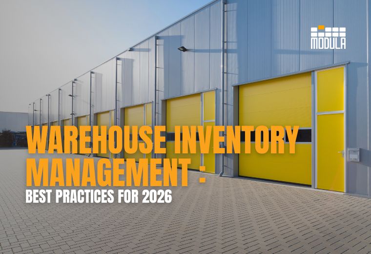Exterior view of a modern warehouse with yellow doors, highlighting warehouse inventory management best practices for 2026.