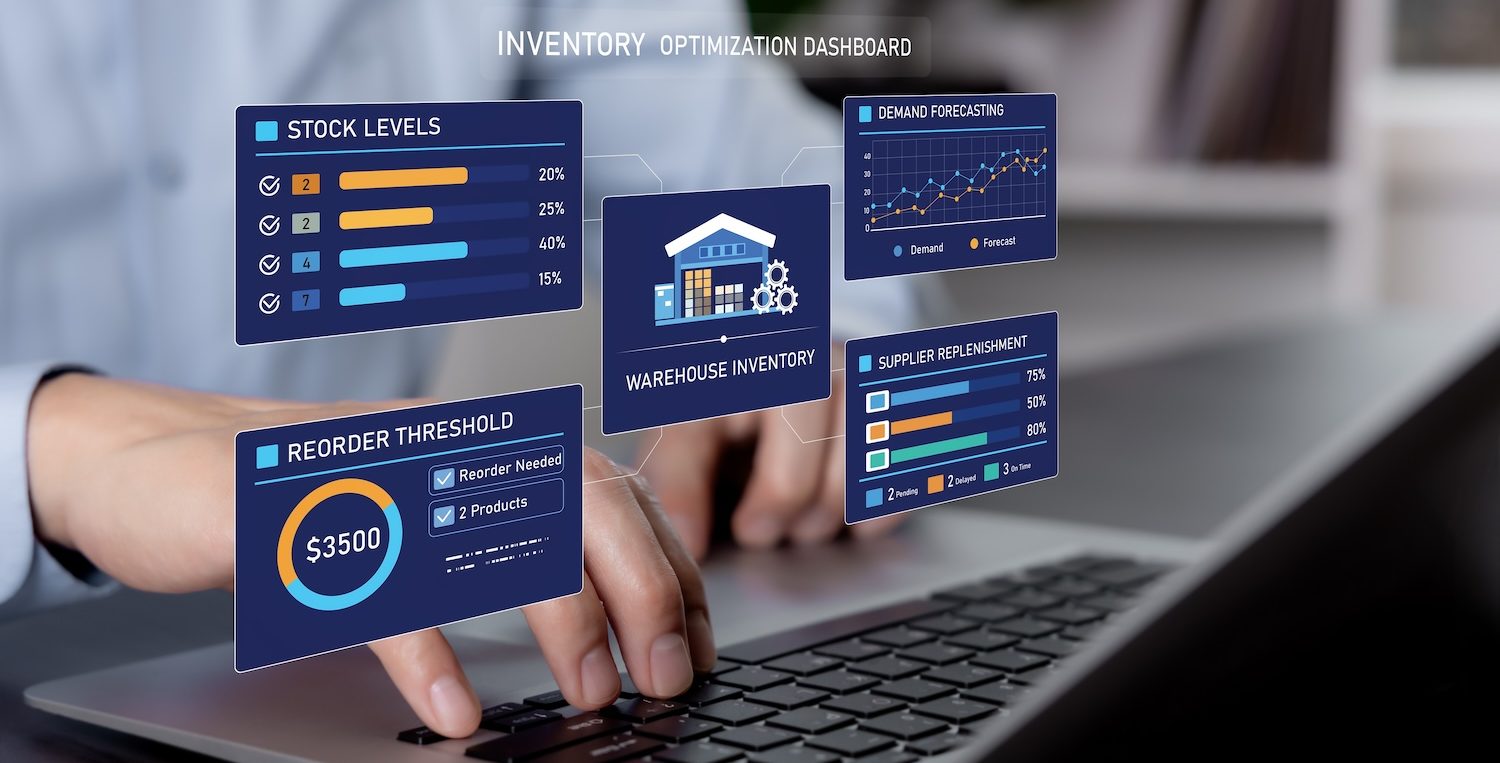 Person using laptop with virtual inventory optimization dashboard, illustrating stock levels, demand forecasting, warehouse inventory, reorder threshold, supplier replenishment, and data-driven supply chain management for modern retail, logistics, and business operations.