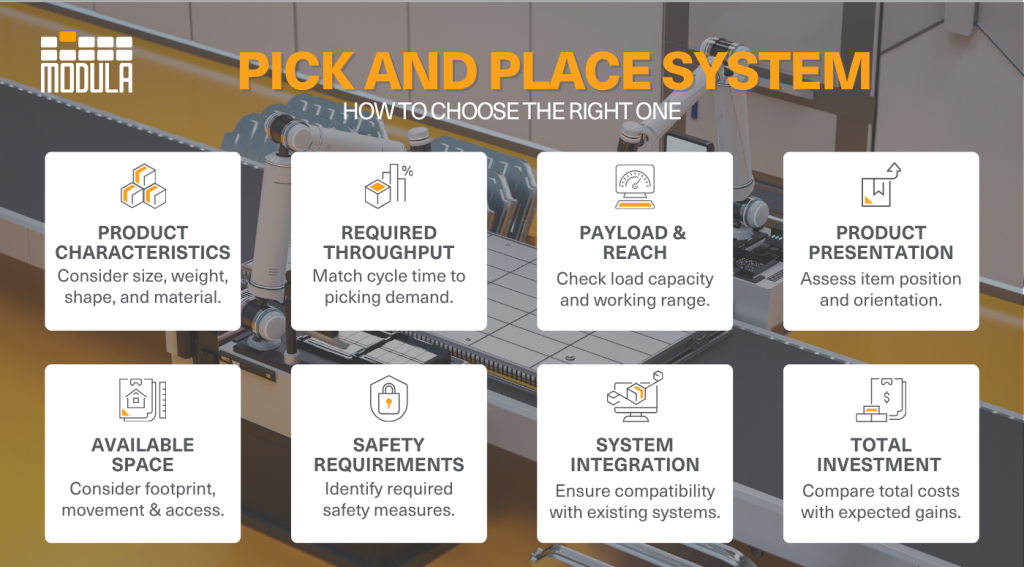 Infographic outlining eight key factors to consider when choosing pick and place automation in manufacturing.