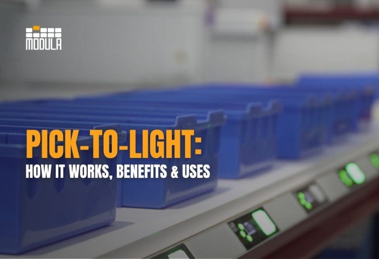 Blue bins on a conveyor with pick-to-light indicators; text reads Pick-to-Light: warehouse inventory tracking, How It Works, Benefits & Uses.
