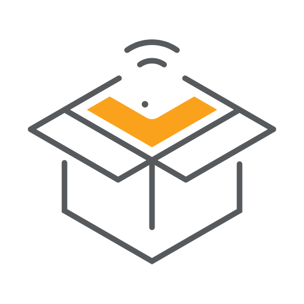 Outline of an open box with an orange object inside, curved lines above, hinting at warehouse robots or smart inventory tracking software integration.