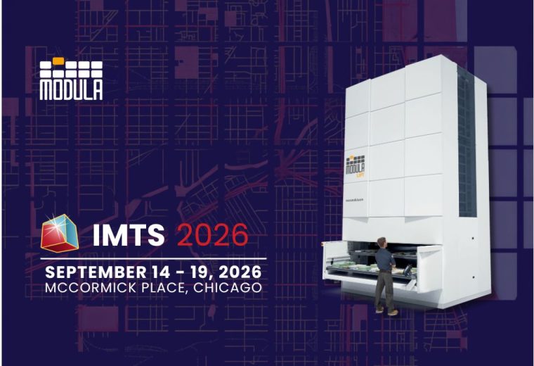 A man operates a Modula at FABTECH CANADA 2026 storage machine, with event details overlaid on a map background.